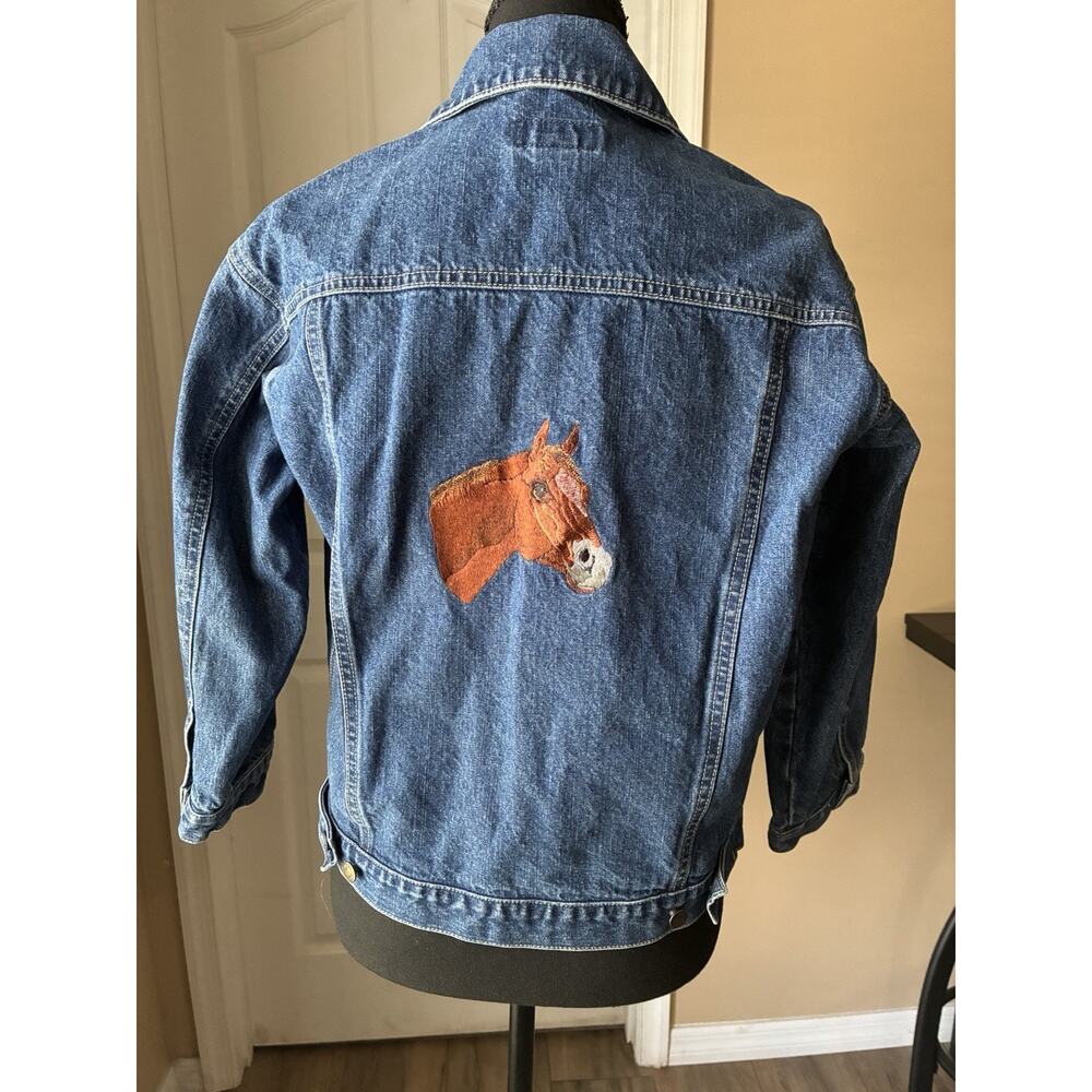 Class Club Denim Jacket With Brown Horse Embroidered On The Back Size Small